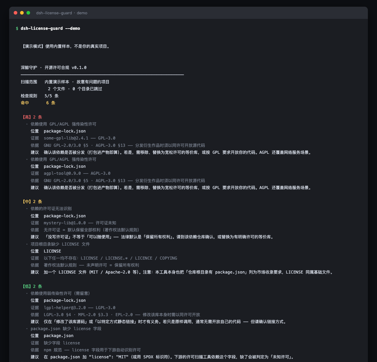 dsh-license-guard 演示模式输出
