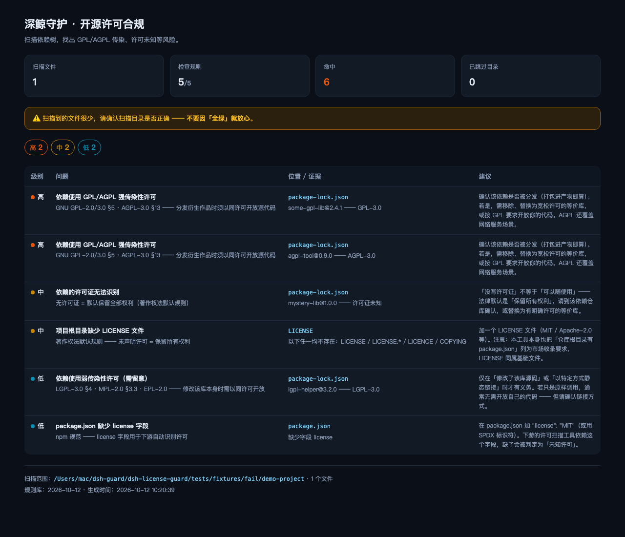 dsh-license-guard 检查报告示例